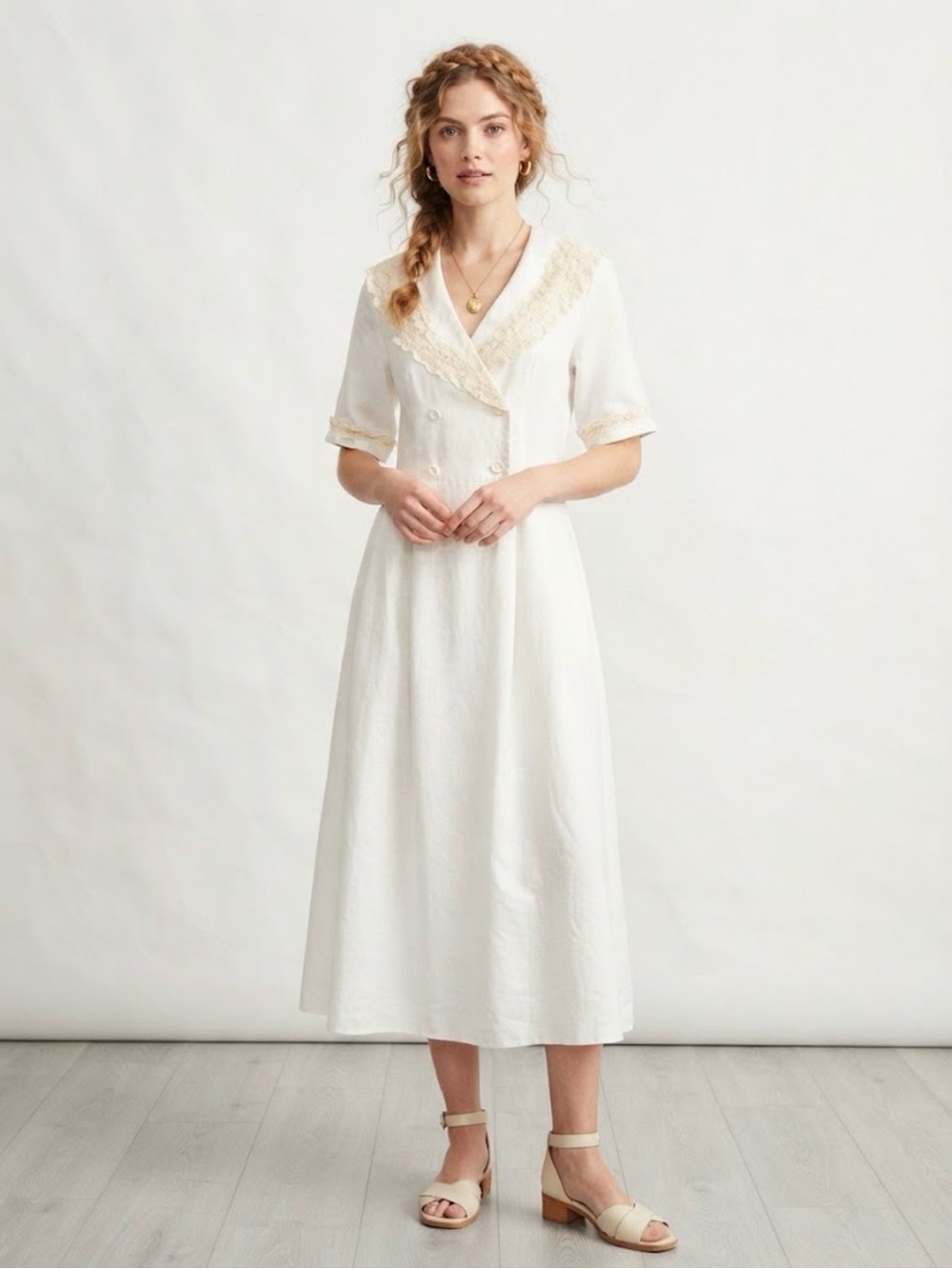 Laura Ashley Linen Cotton Crochet Collar Midi Dress White Size 8 Vintage Style